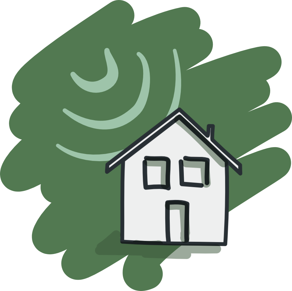 Un dessin représentant une maison soumise à des ondes sonores, illustrées telle une vague qui arrive sur le toit de la maison depuis la gauche et illustrant le pôle "Bruit environnemental".